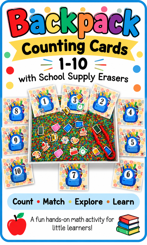 Backpack Counting Numbers 1–10  with school supply erasers